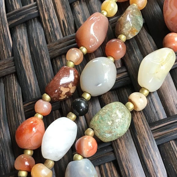 Vintage Polished Gemstone Beaded Necklace 34" Long Weighty Earth Tones - Picture 12 of 16
